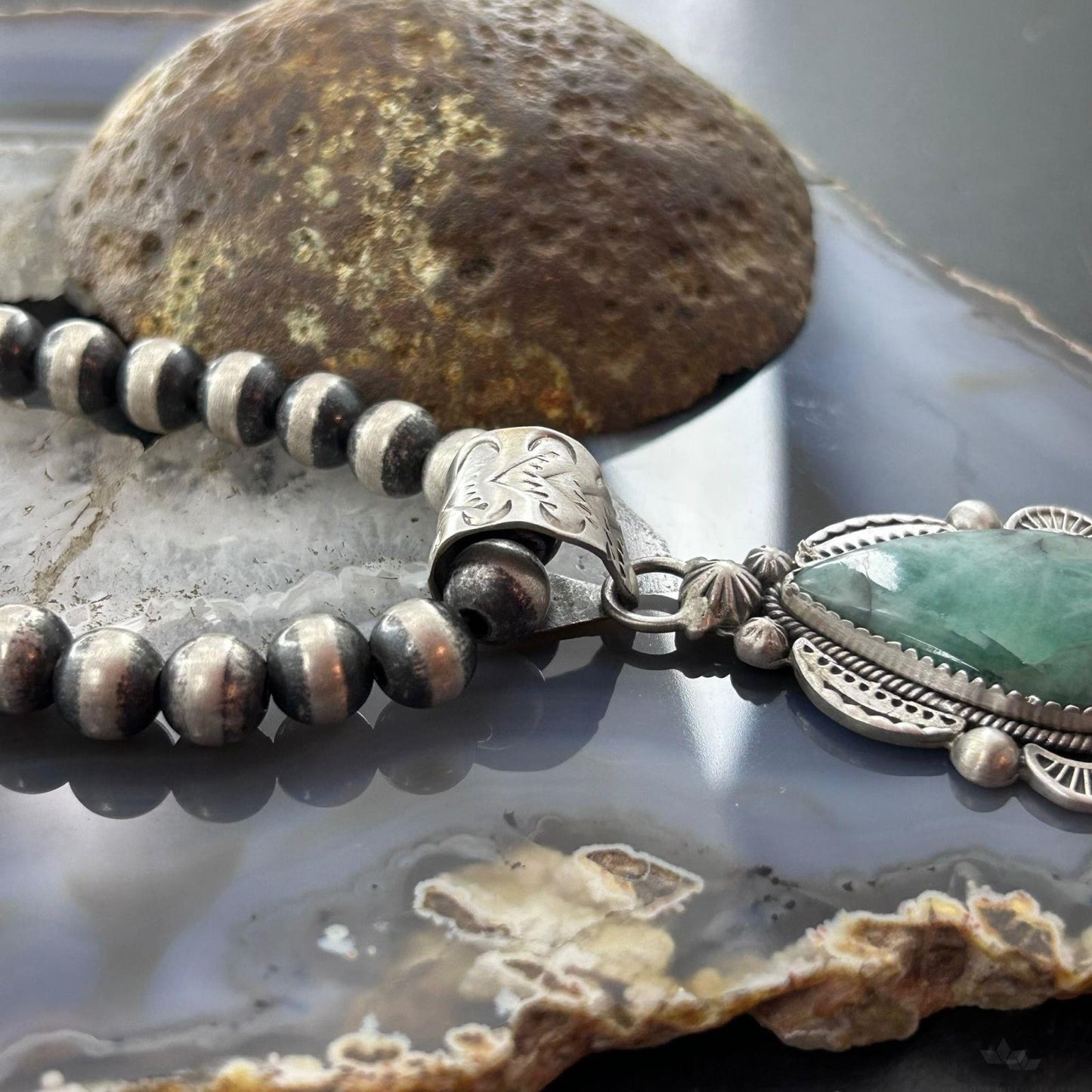 Sterling Silver Southwestern Style Teardrop Emerald Decorated Pendant For Women