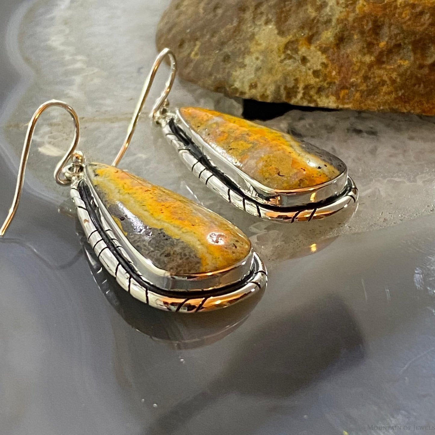 Native American Sterling Teardrop Bumblebee Jasper Dangle Earrings For Women