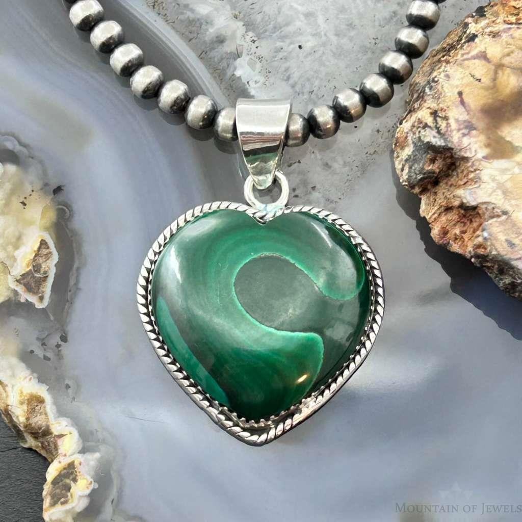 Sterling Silver Southwestern Style Malachite Heart Decorated Pendant For Women