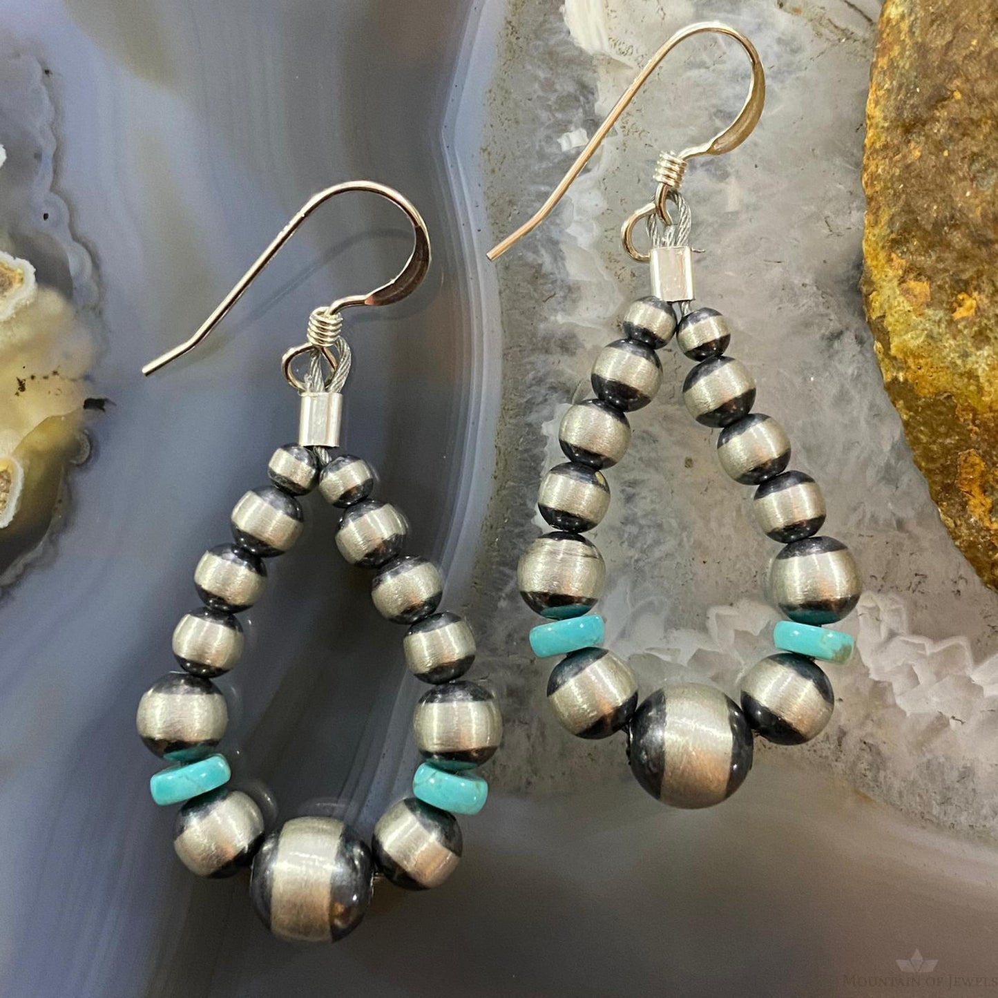 Graduated Navajo Pearl Beads &Turquoise Sterling Hoop Dangle Earrings For Women
