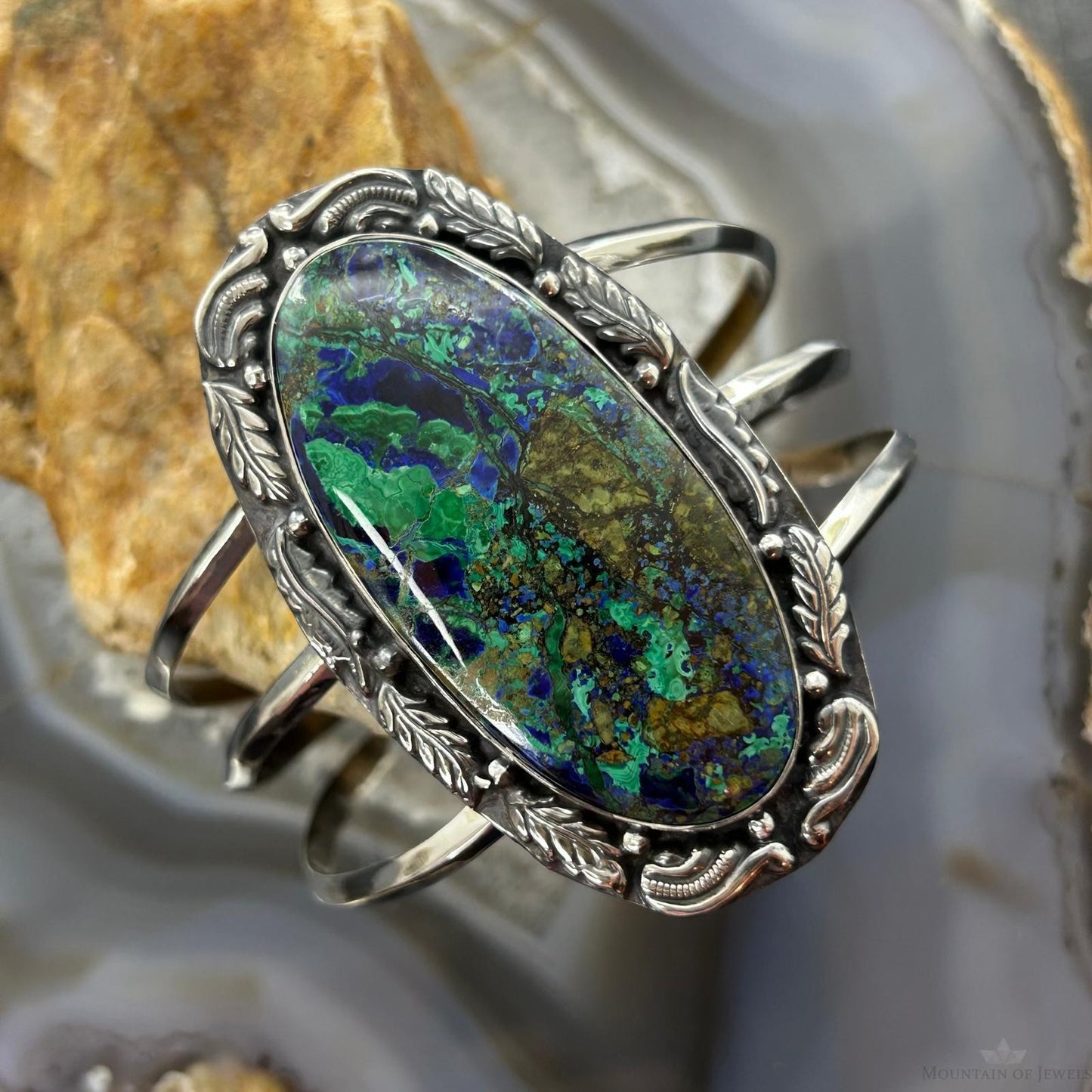 Sterling Silver Southwestern Style Large Oval Azurite Malachite Bracelet For Women