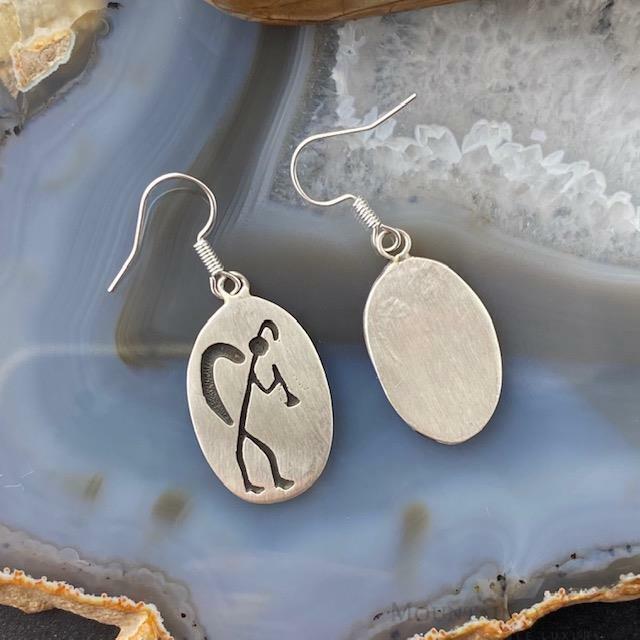 Native American Silver Oval Kokopelli Illustration Dangle Earrings