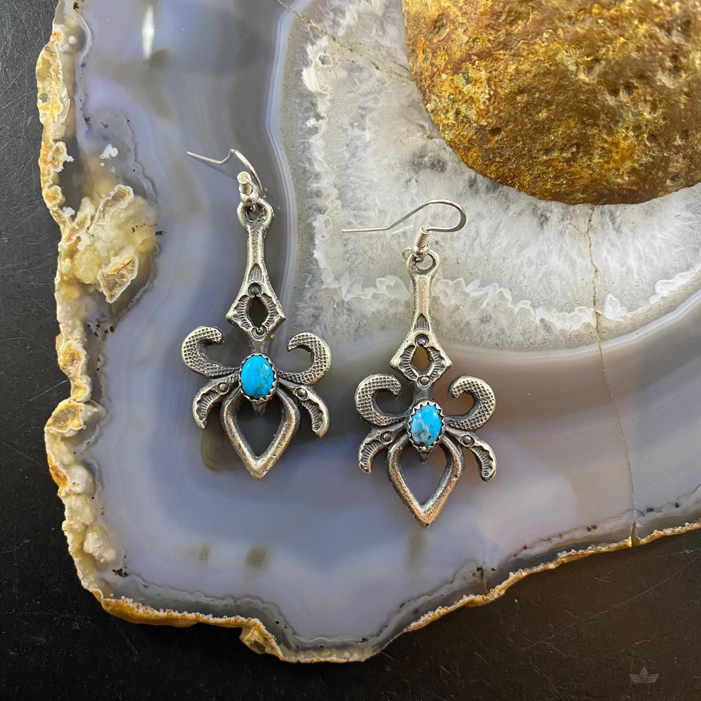 Kevin Billah Sterling Silver Stamped Sand Cast w/Kingman Turquoise Dangle Earrings