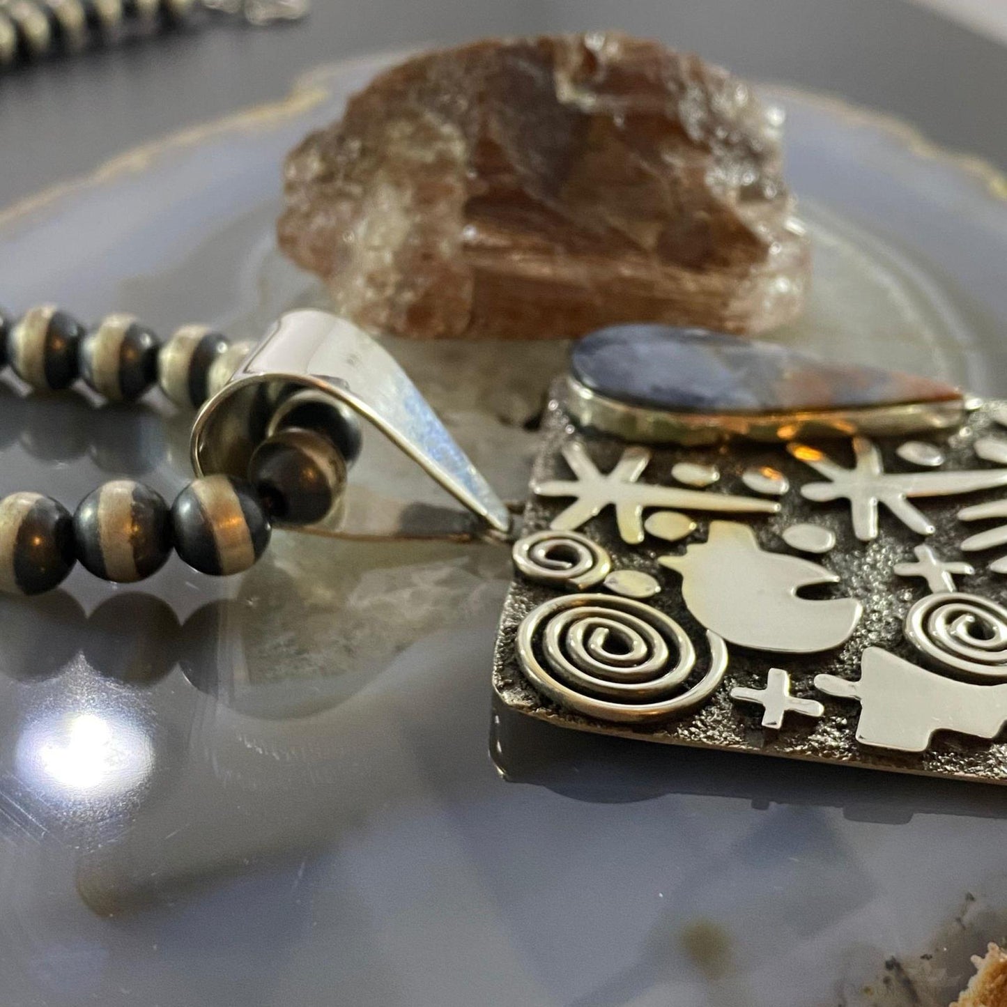 Alex Sanchez Sterling Silver Teardrop Purple Agate Rectangle Petroglyph Pendant