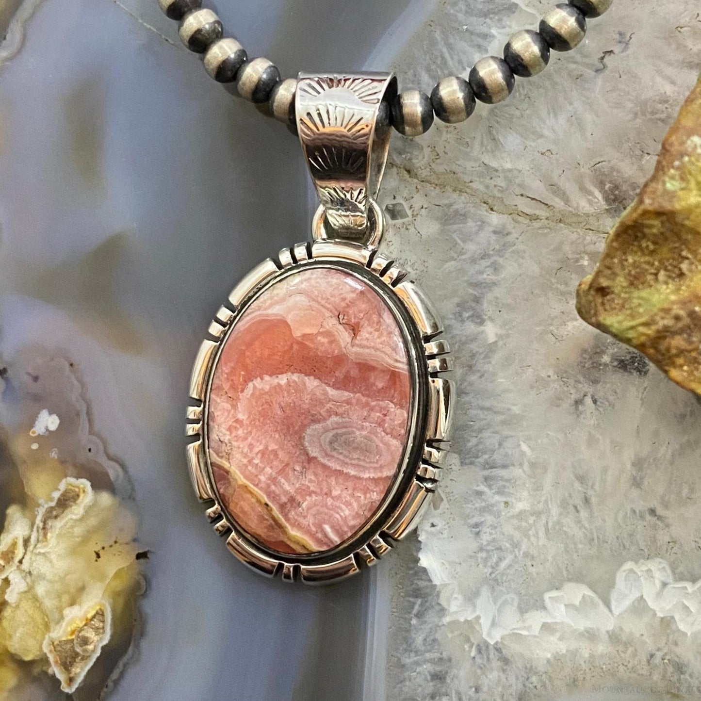 Native American Sterling Silver Oval Rhodochrosite Pendant For Women