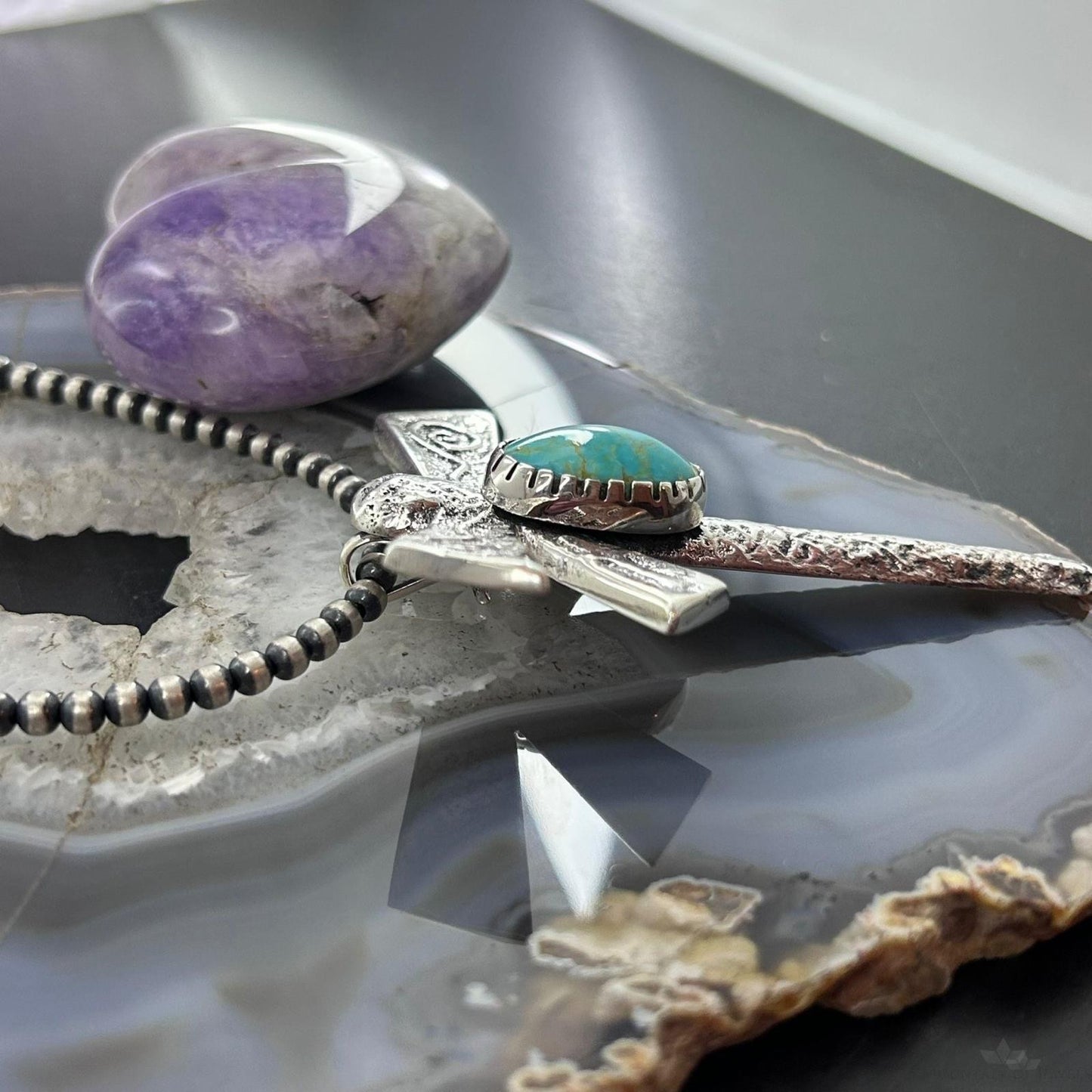 Gary Custer Navajo Sterling Silver Tufa Cast Turquoise Dragonfly Unisex Pendant