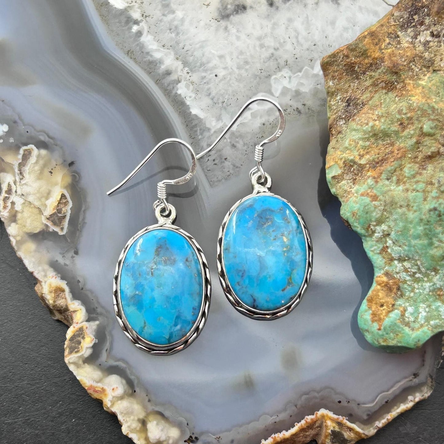 Sterling Southwestern Style Oval Mojave Turquoise Dangle Earrings For Women #1