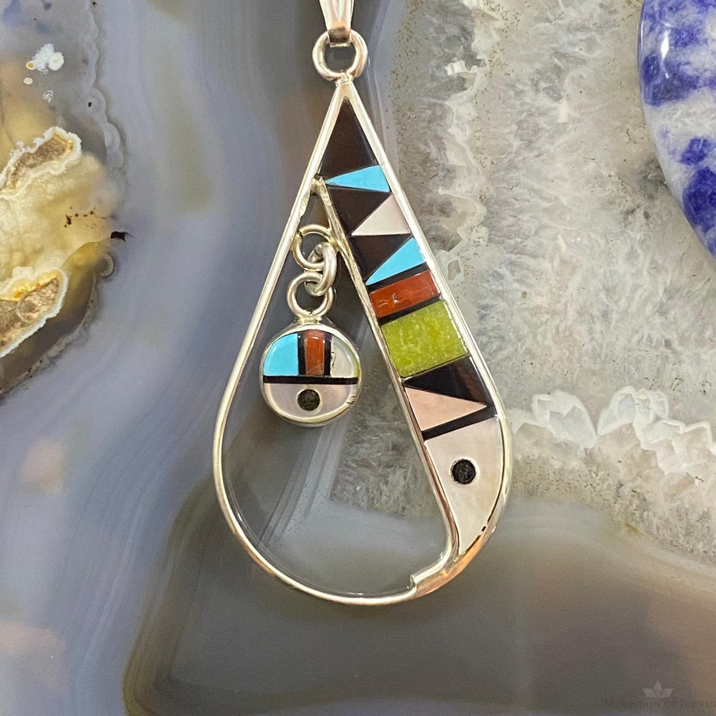 Sheryl Edaakie Zuni Sterling Silver Multistone Inlay Teardrop Pendant #1