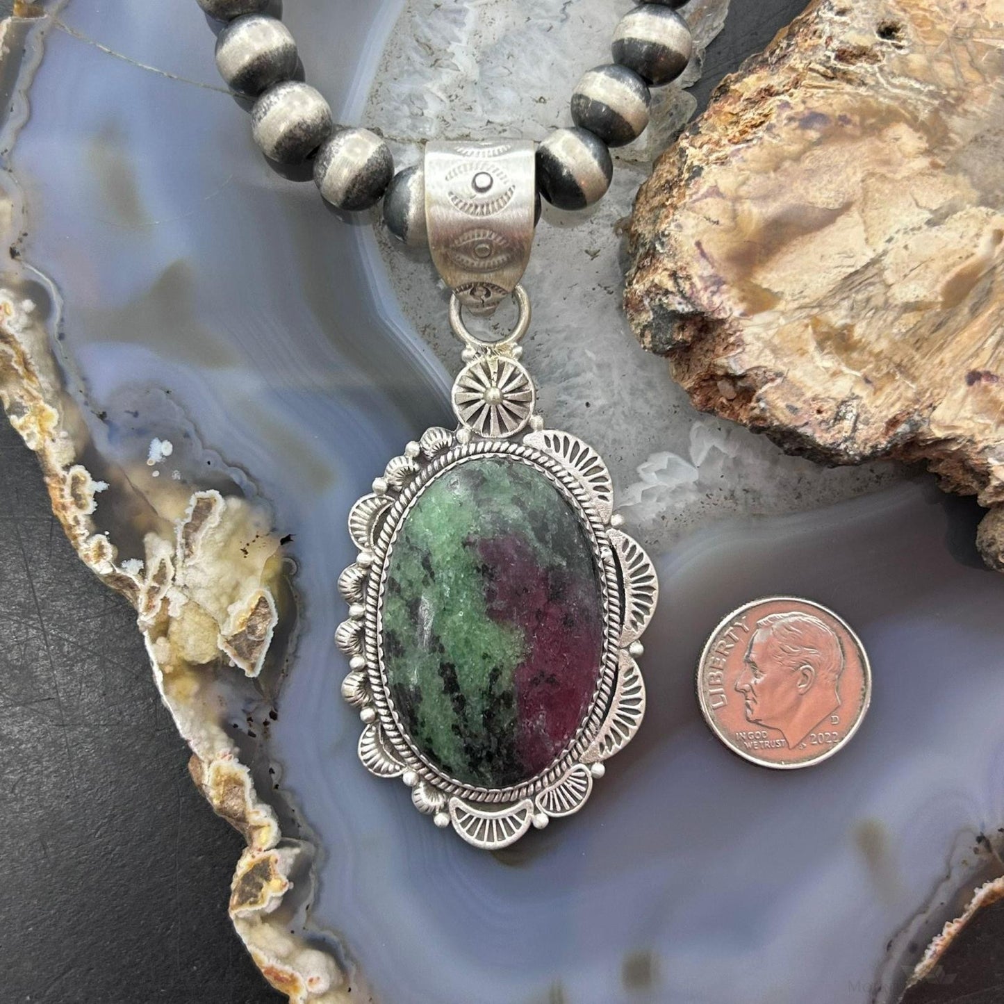 Sterling Silver Southwestern Style Oval Ruby Zoisite Decorated Pendant For Women