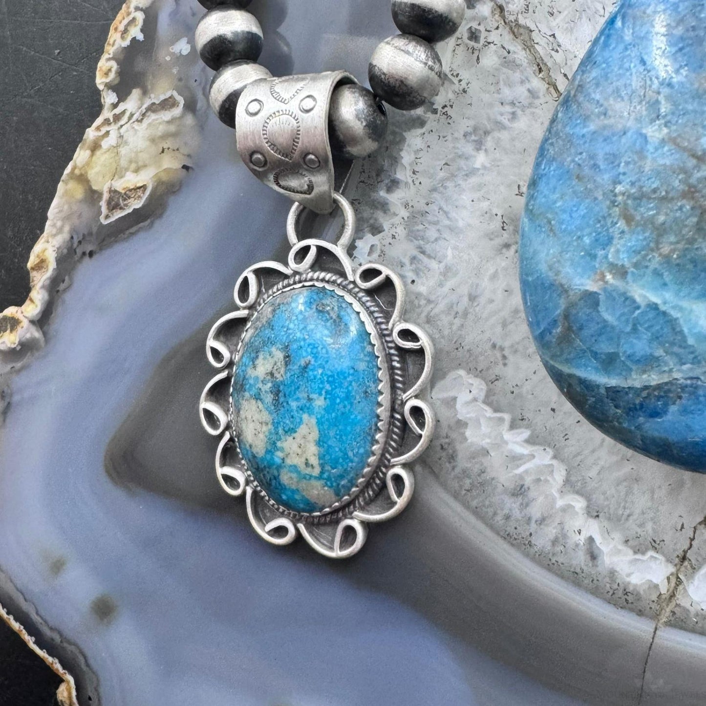 Sterling Silver Southwestern Style Oval Turquoise Decorated Pendant For Women