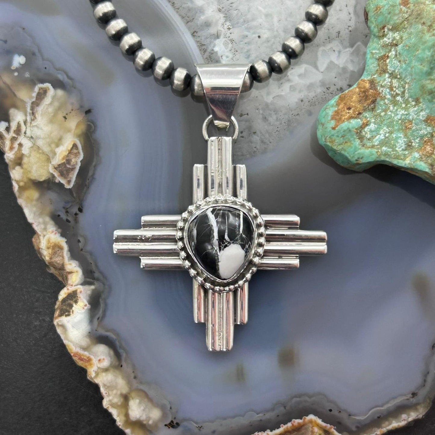 Priscilla Apache Native American Sterling Silver White Buffalo Zia Unisex Pendant