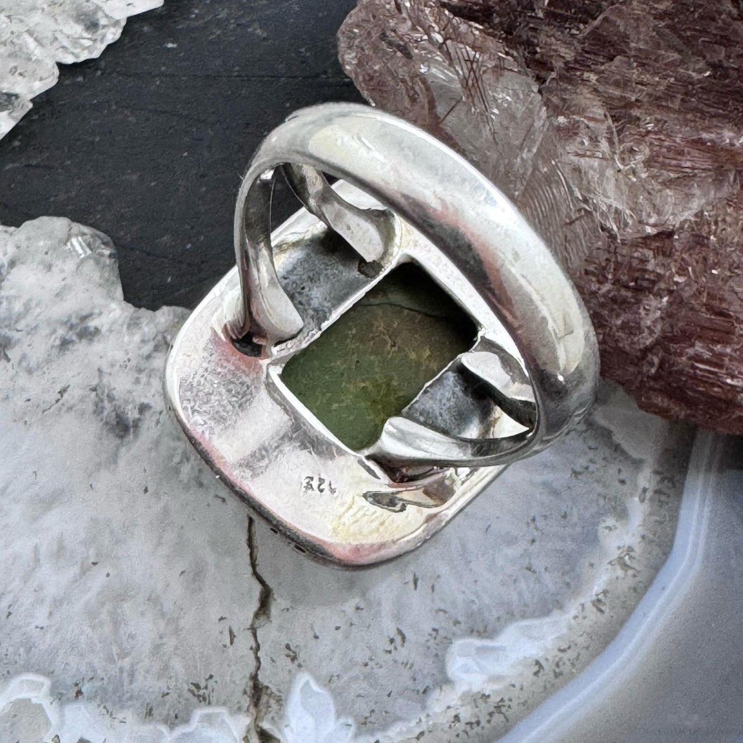 Sterling Southwestern Style Atlantisite & Green Copper Bar Ring Size 6.75 For Women