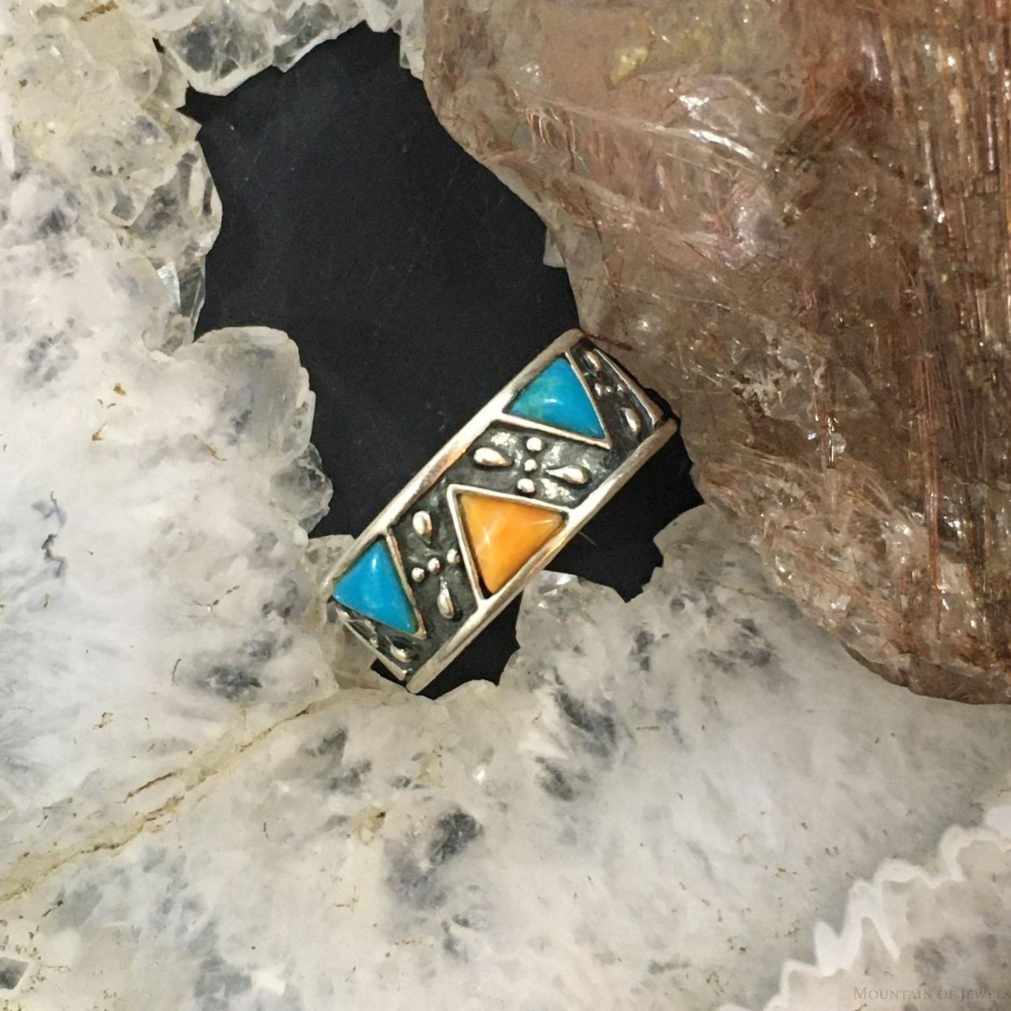 Carolyn Pollack Southwestern Style Sterling Silver Turquoise & Spiny Oyster Band Ring For Women