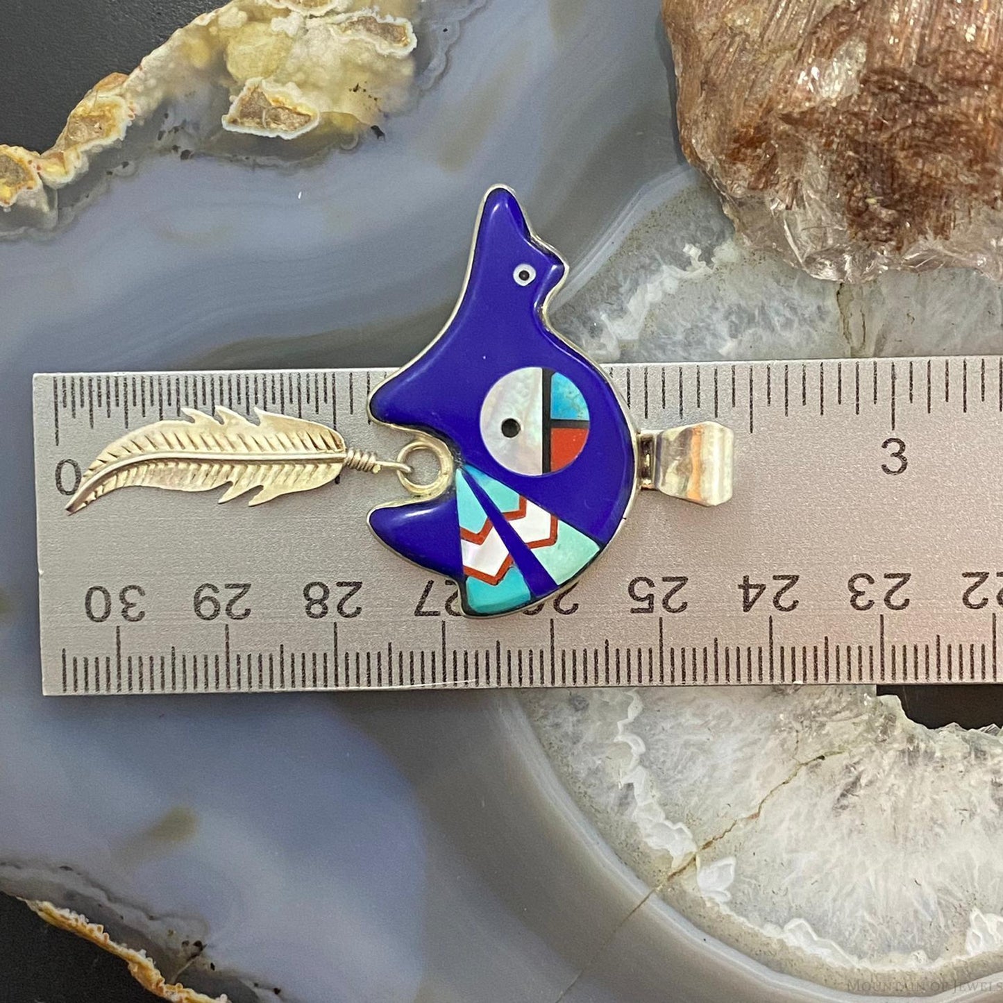 Native American Sterling Multistone Zuni Inlay Fetish Bear w/Feather Pendant