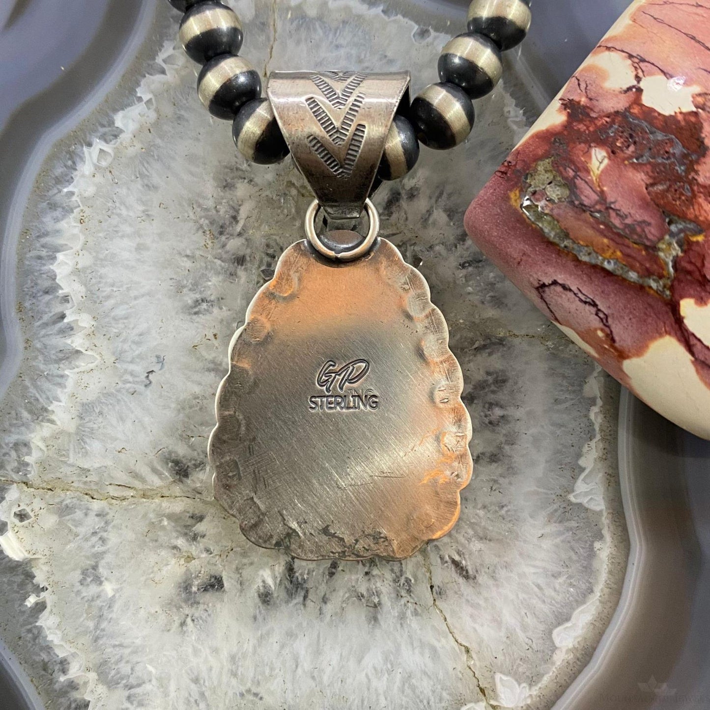 Gilbert Platero Sterling Teardrop Kingman Spiderweb Turquoise Decorated Pendant