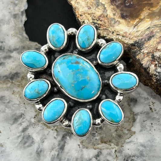 Sterling Silver Southwestern Style Mohave Turquoise Cluster Ring Size 7.5 For Women