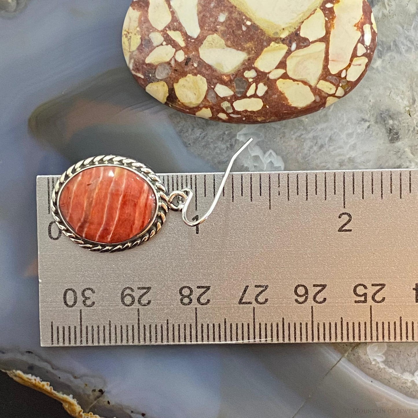 Native American Sterling Silver Oval Spiny Oyster Dangle Earrings For Women #1