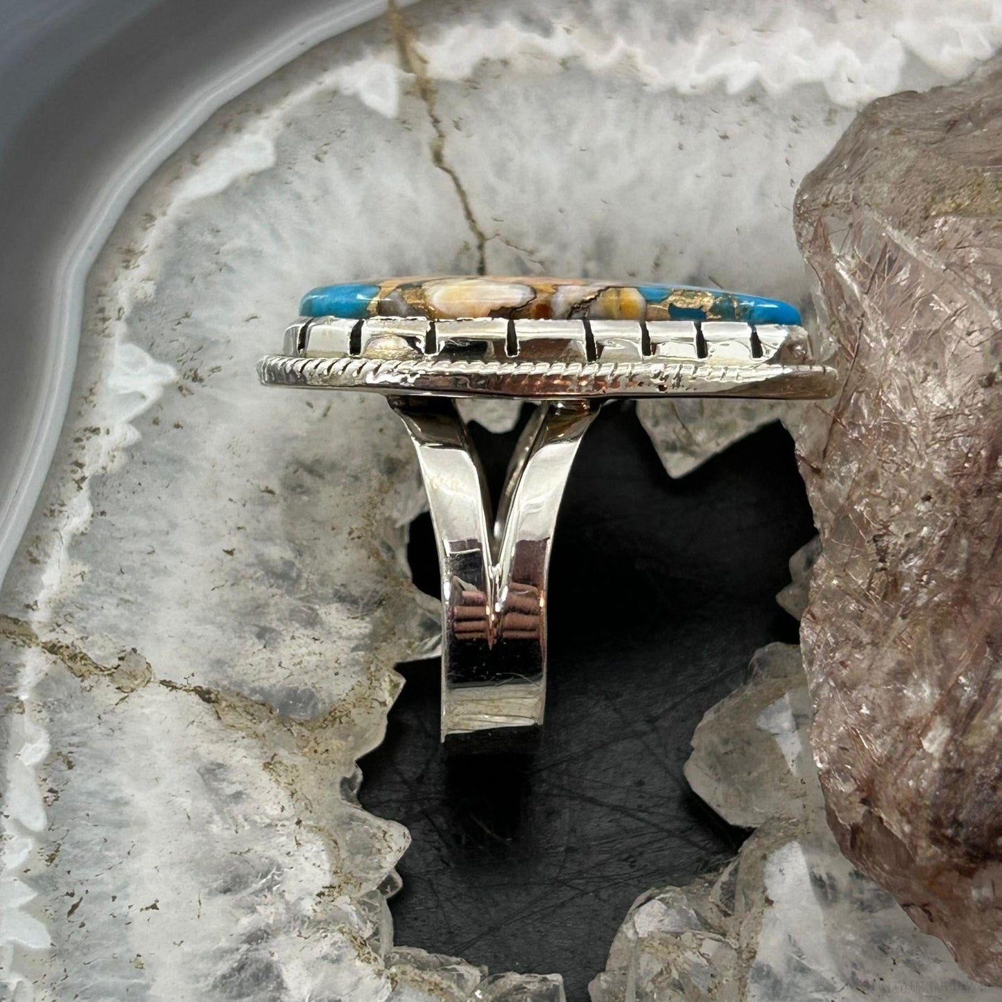 Sterling Silver Southwestern Style Teardrop Turquoise Spiny Oyster Ring Size 10 For Women