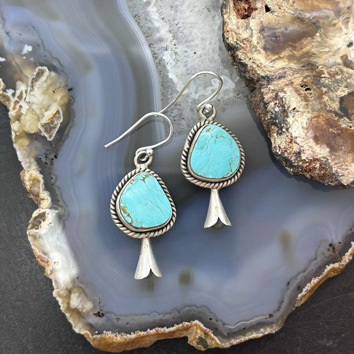 Sterling Silver Southwestern Style Turquoise Squash Blossom Dangle Earrings For Women #4