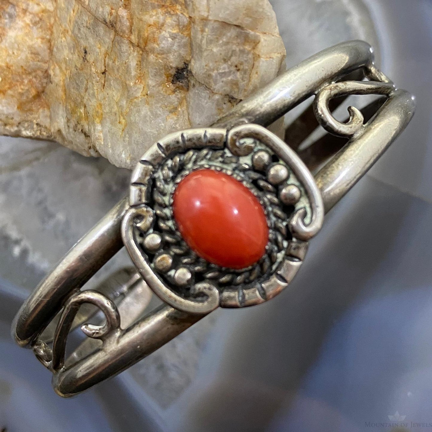 Vintage Native American Silver Oval Coral Decorated Bracelet For Women