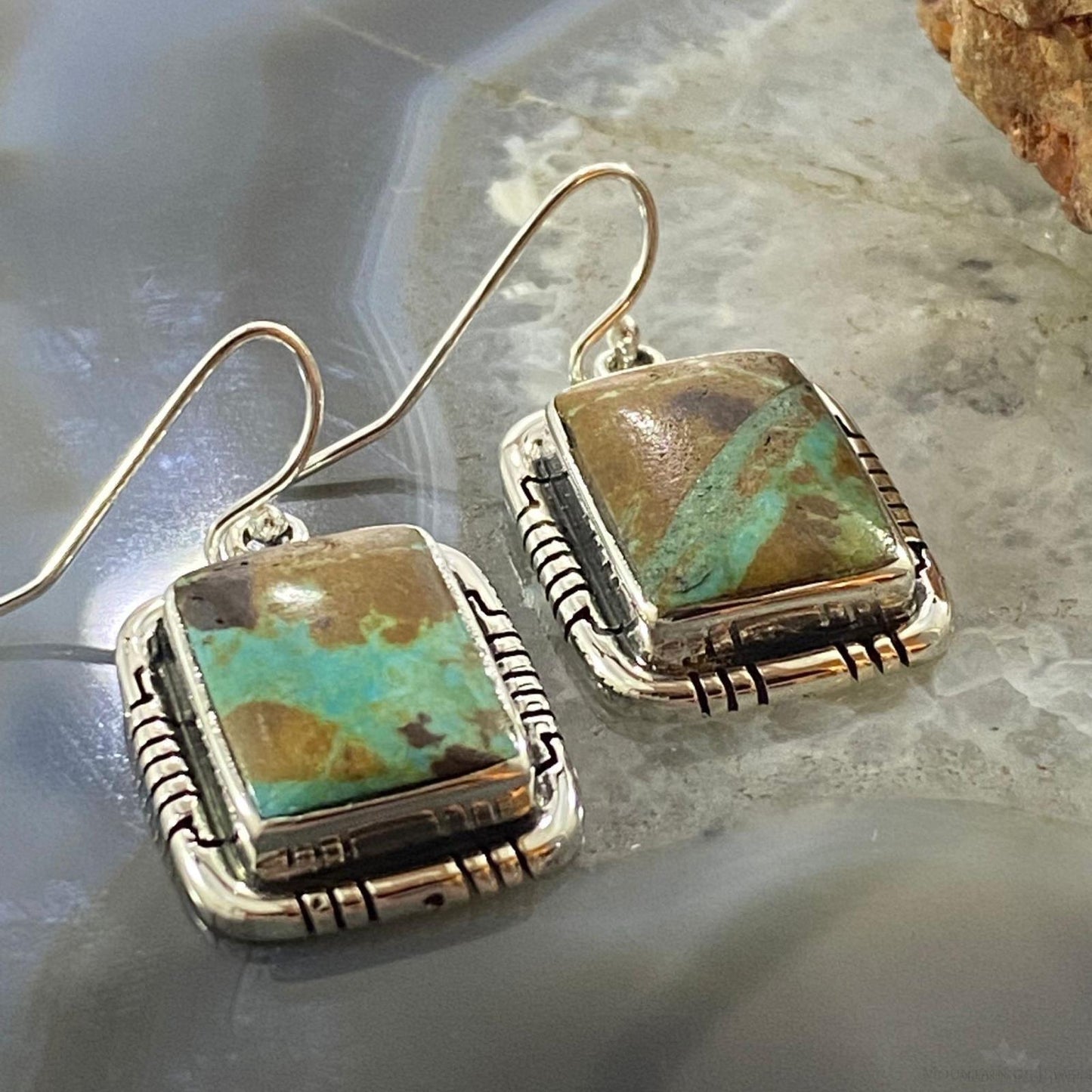 Native American Sterling Silver Boulder Ribbon Turquoise Bar Dangle Earrings For Women