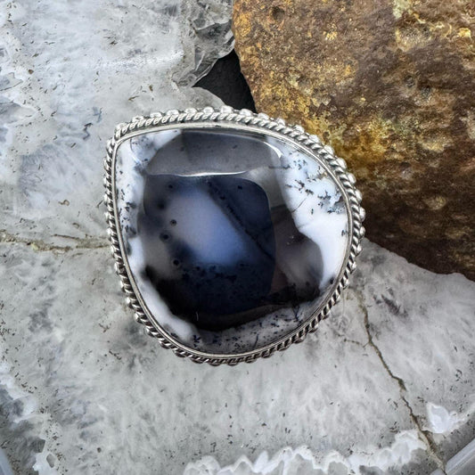 Sterling Silver Southwestern Style Teardrop Dendrite Agate Ring Size 7.5 For Women