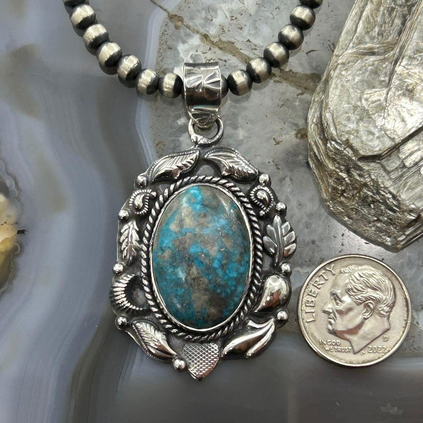 Sterling Silver Southwestern Style Oval Turquoise Decorated Pendant For Women
