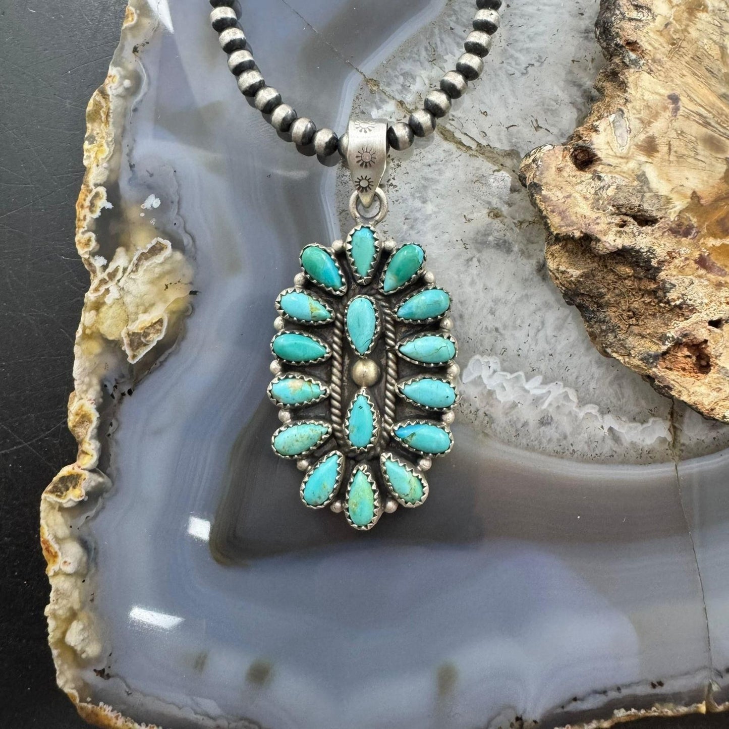 Sterling Silver Southwestern Style Turquoise Decorated Cluster Pendant For Women