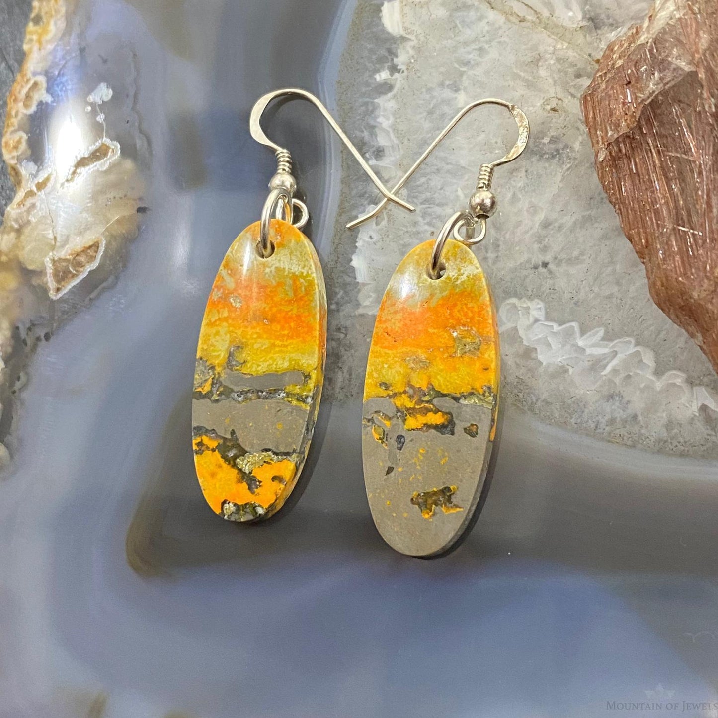 Sterling Silver Oval Bumblebee Jasper Slab Dangle Earrings For Women #005