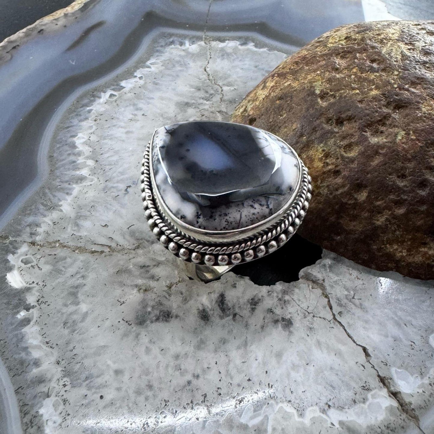 Sterling Silver Southwestern Style Teardrop Dendrite Agate Ring Size 7.5 For Women