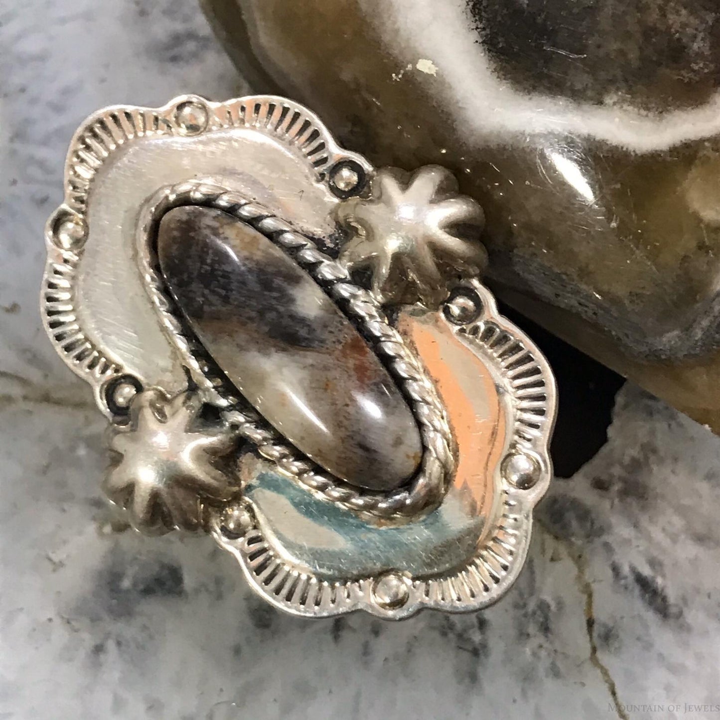 Carolyn Pollack Sterling Silver Marquise Jasper Decorated Ring Size 6 For Women