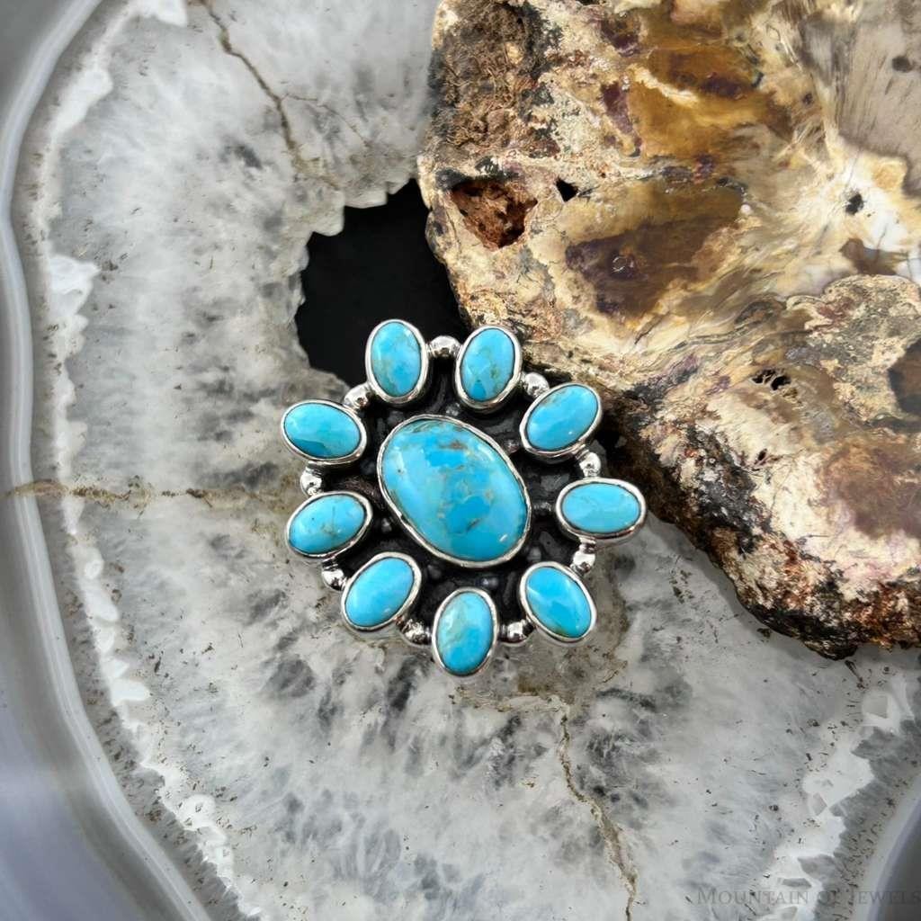 Sterling Silver Southwestern Style Mohave Turquoise Cluster Ring Size 7.5 For Women