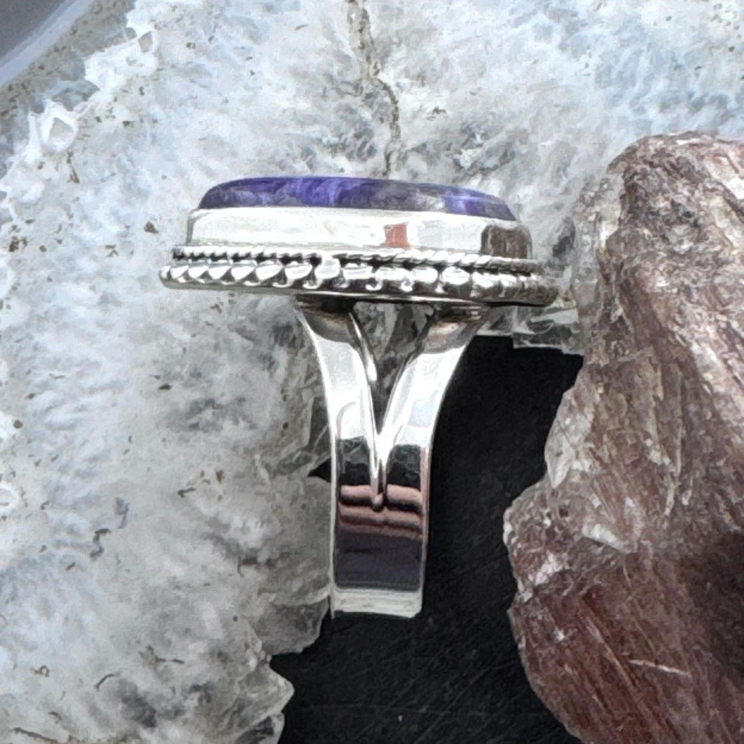 Sterling Silver Southwestern Style Teardrop Charoite Decorated Ring Size 9.5 For Women