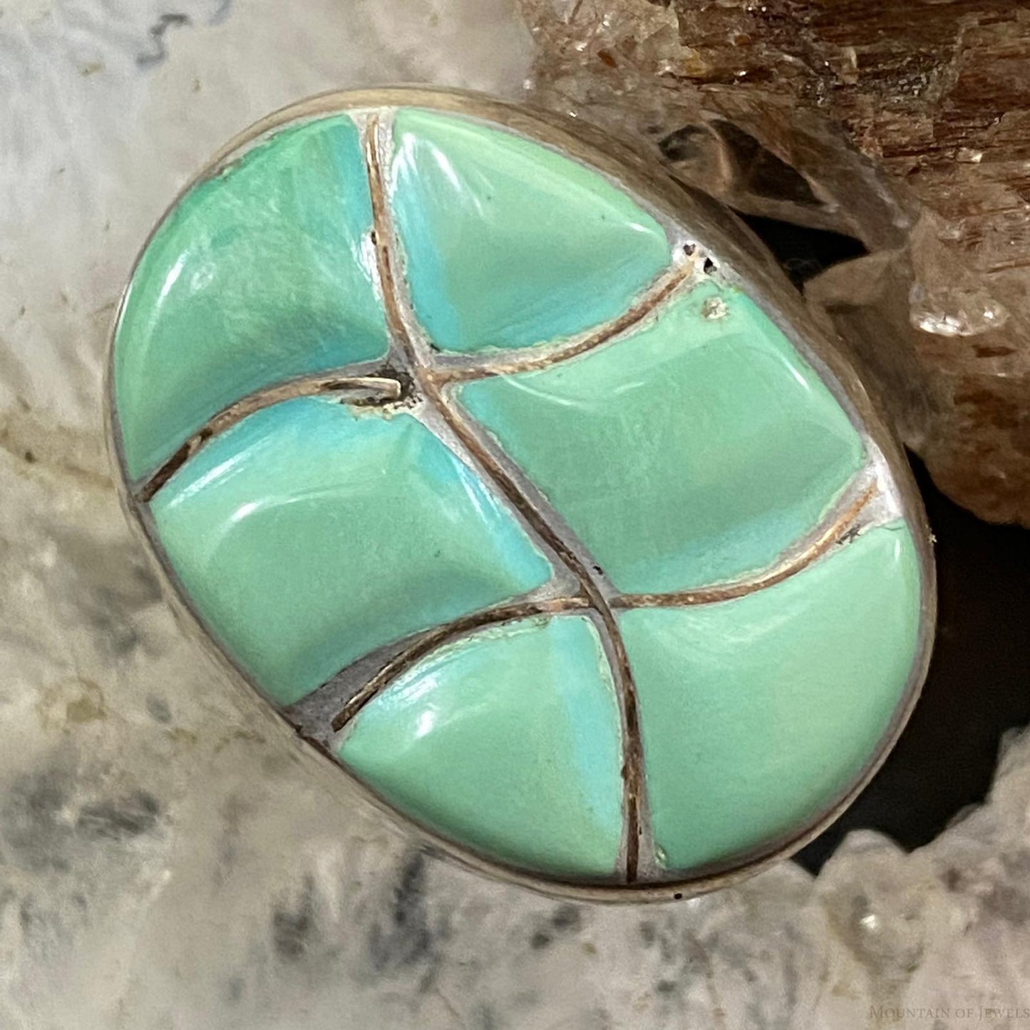 Native American Silver Oval Turquoise Inlay Unisex Shield Ring Size 9