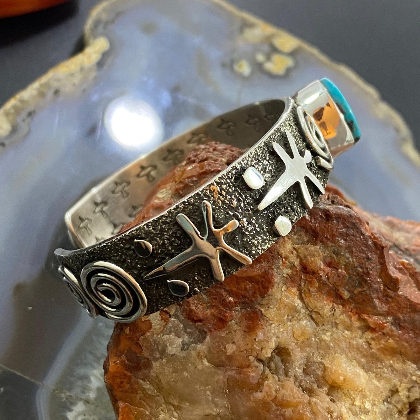 Alex Sanchez Native American Sterling Silver Turquoise Petroglyph Bracelet #2