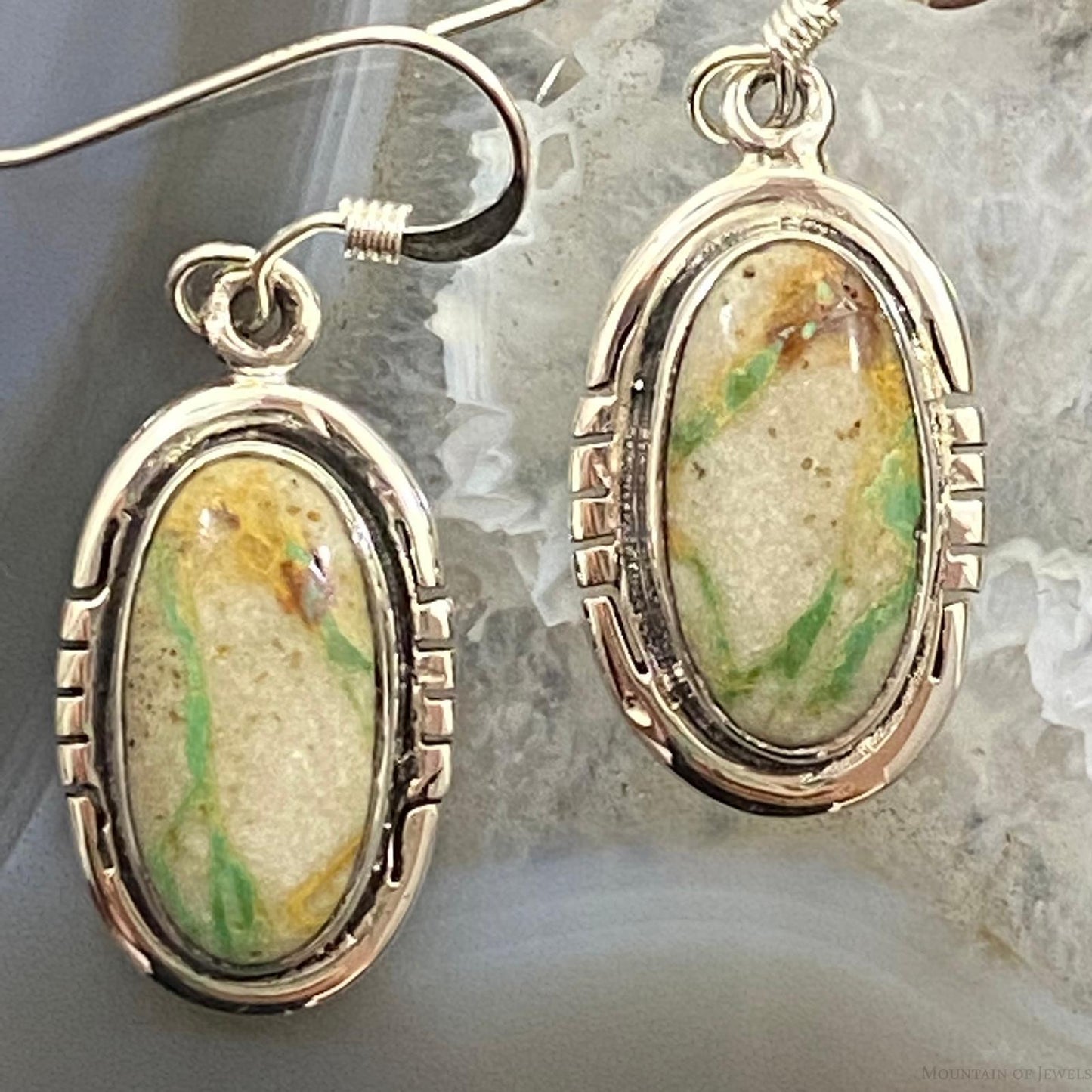 Native American Sterling Silver Oval Ribbon Boulder Turquoise Dangle Earrings