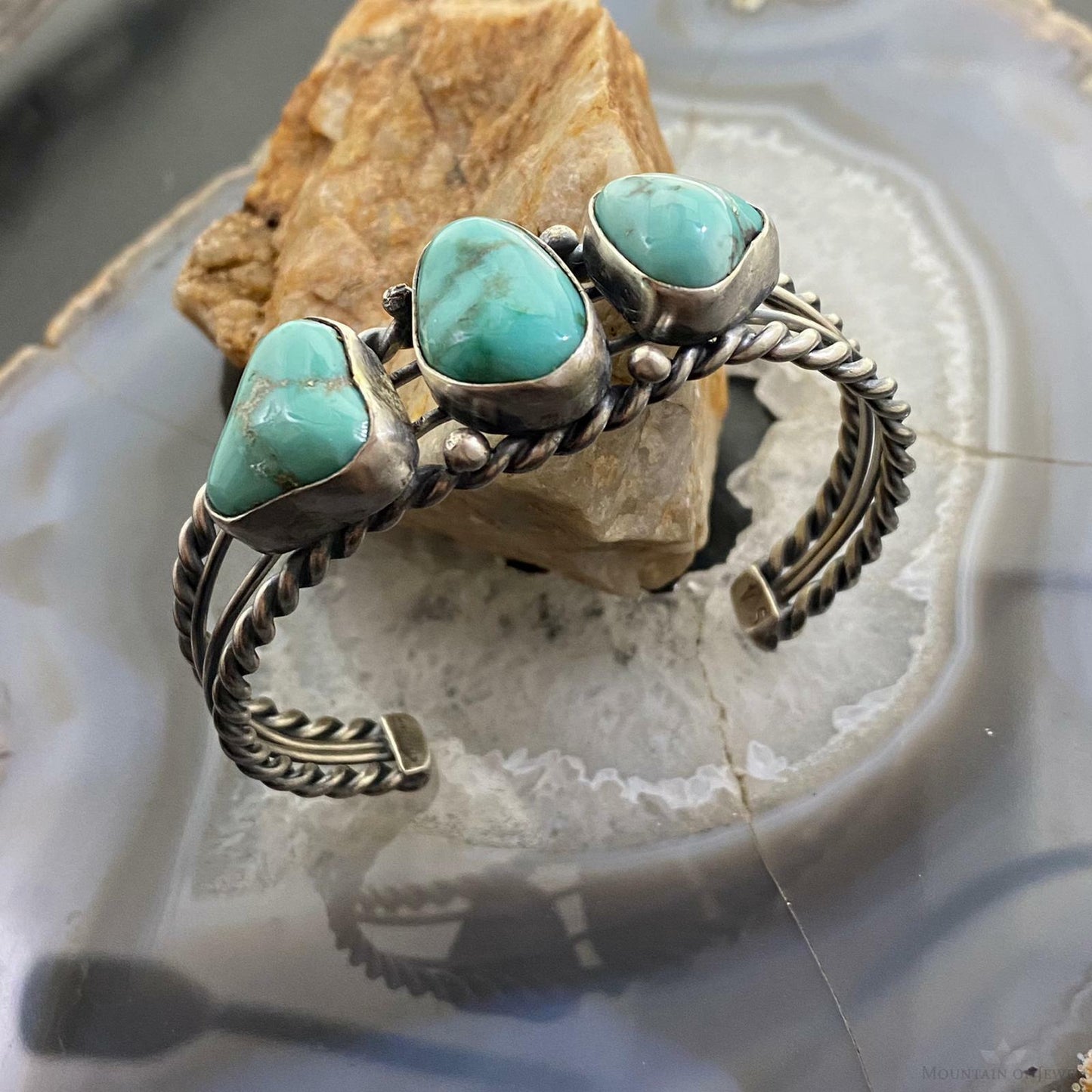Native American Sterling Silver Chunky Turquoise Split Twisted Shank Bracelet For Women
