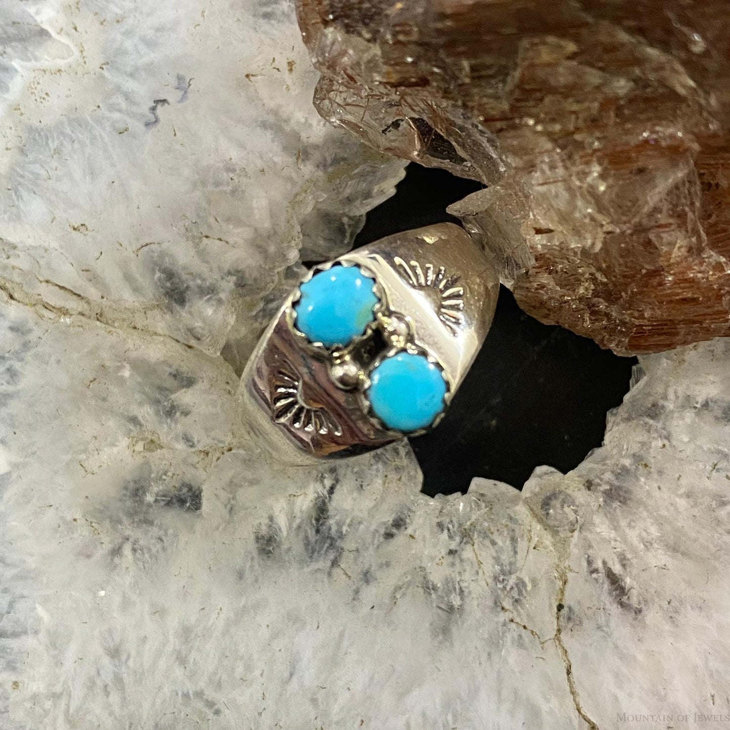 Native American Sterling Double Turquoise Decorated Ring Size 5/ 6.5 /7.5 / 8 For Women