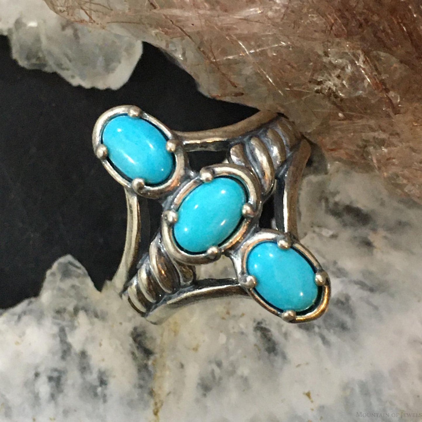 Carolyn Pollack Southwestern Style Sterling Silver 3 Sleeping Beauty Turquoise Decorated Ring For Women