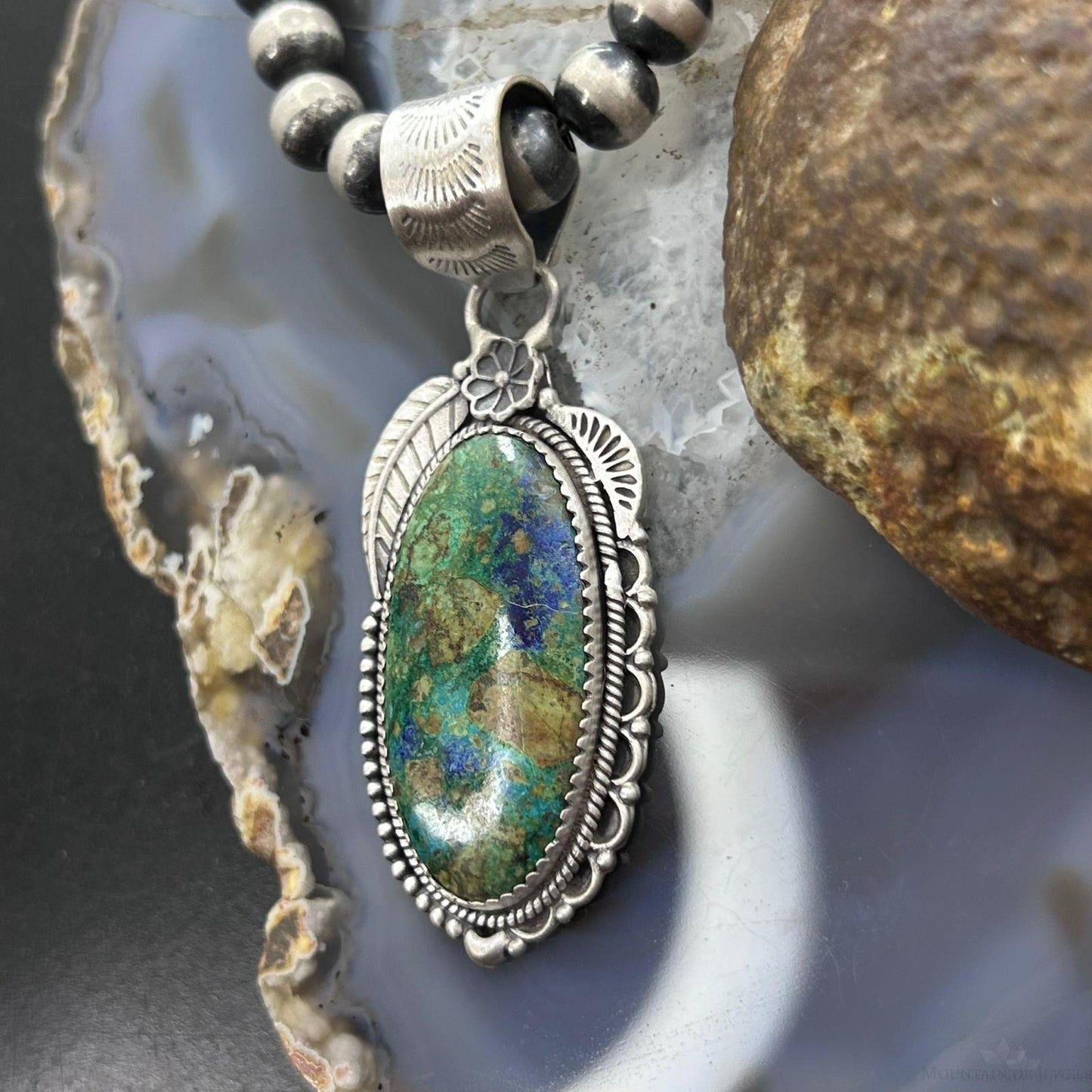 Sterling Silver Southwestern Style Elongated Chrysocolla Decorated Pendant For Women