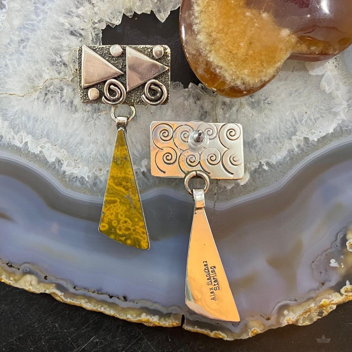 Alex Sanchez Native American Sterling Silver River Jasper Petroglyph Dangle Earrings For Women