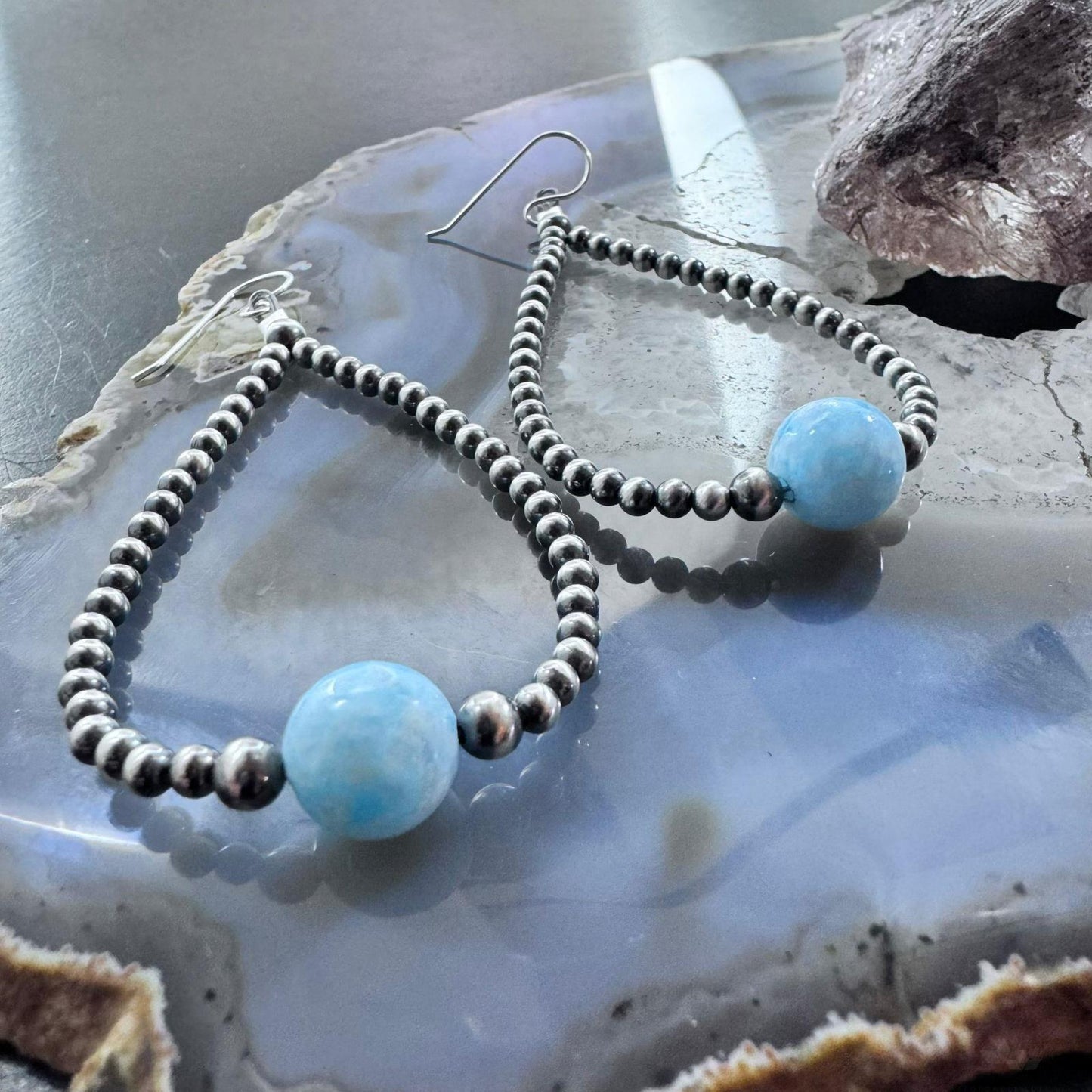 Native American Sterling Silver Navajo Beads with Larimar Bead Hoop Earrings For Women