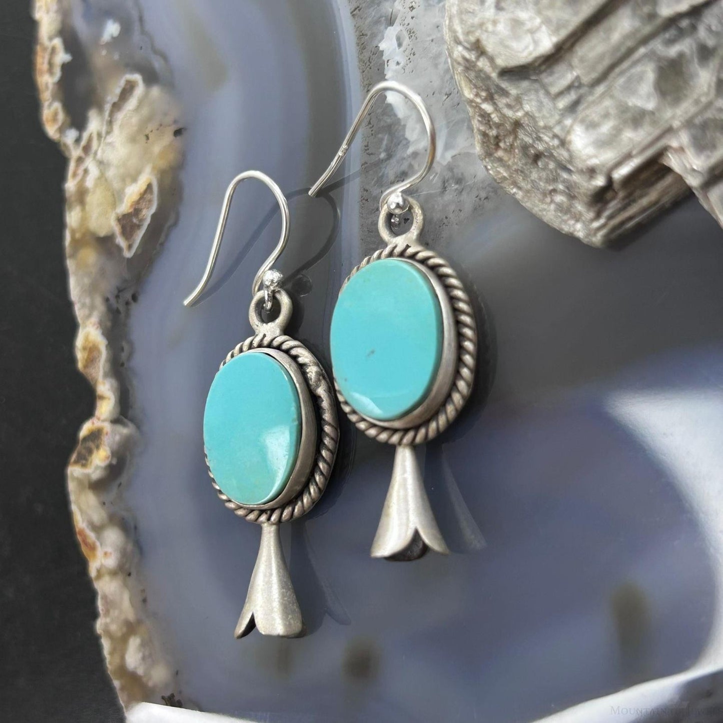 Sterling Silver Southwestern Style Turquoise Squash Blossom Dangle Earrings For Women #1