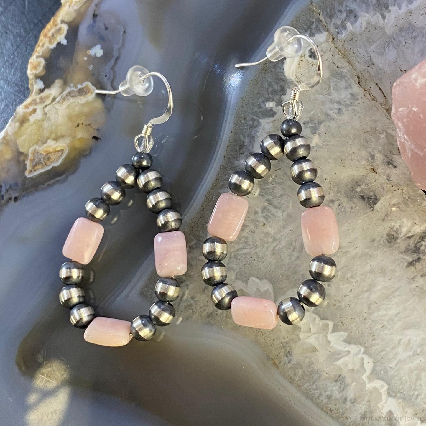 Navajo Pearl Beads & Peruvian Opal 4mm Sterling Silver Hoop Dangle Earrings