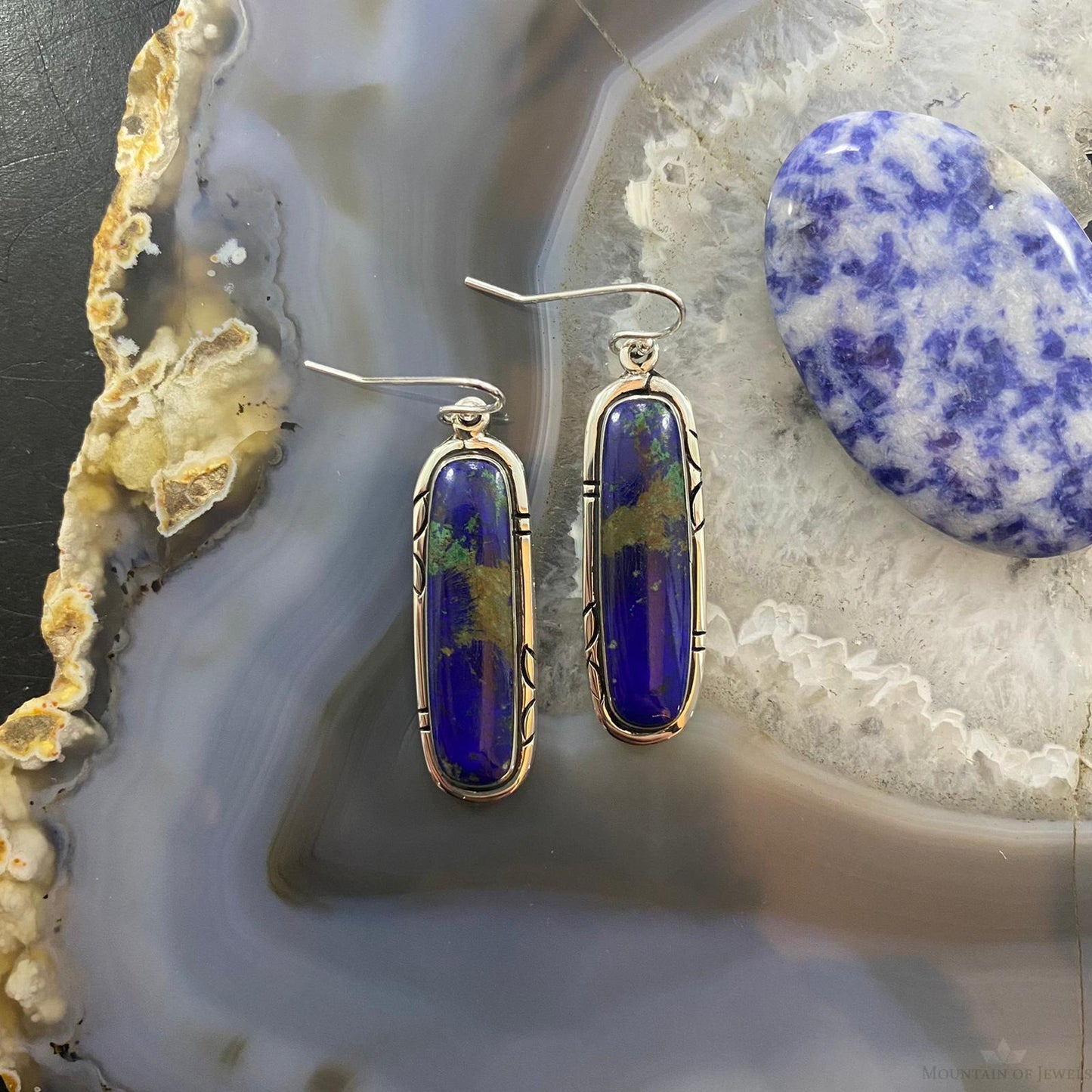 Native American Sterling Silver Oval Azurite Malachite Dangle Earrings For Women