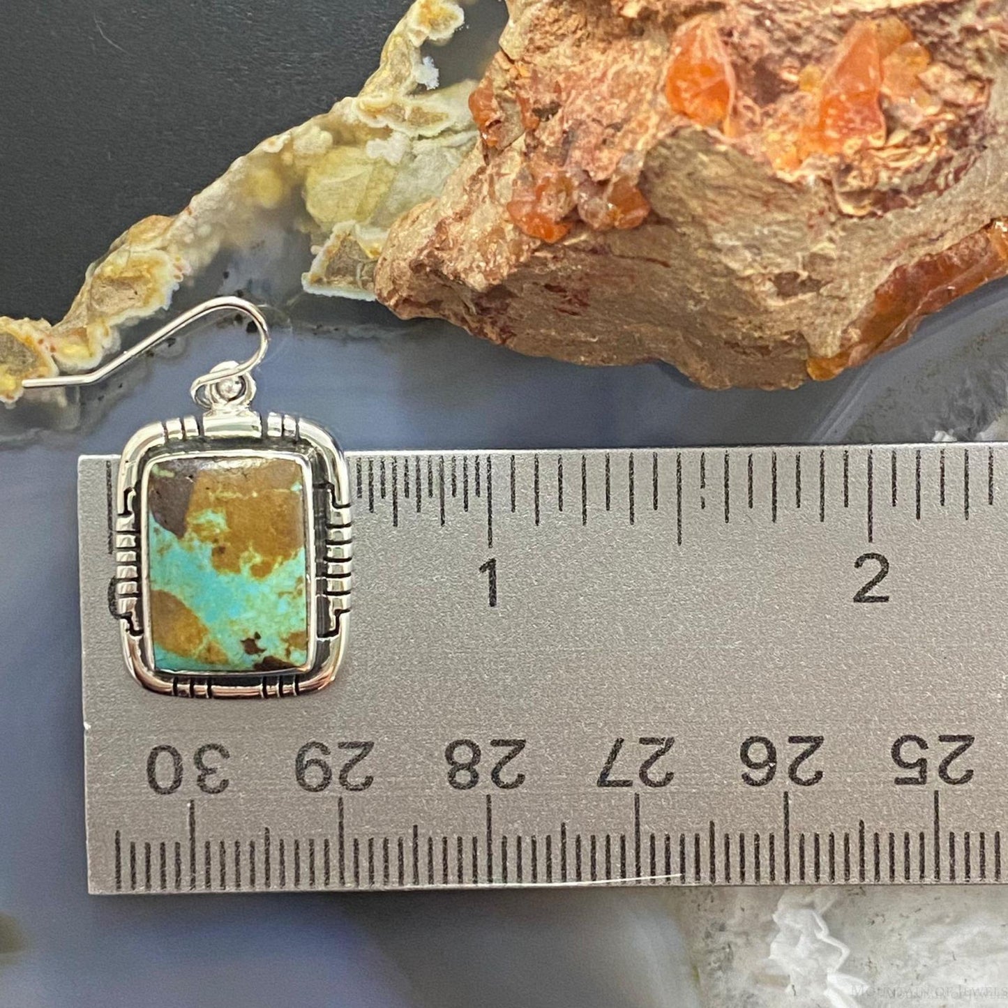 Native American Sterling Silver Boulder Ribbon Turquoise Bar Dangle Earrings For Women