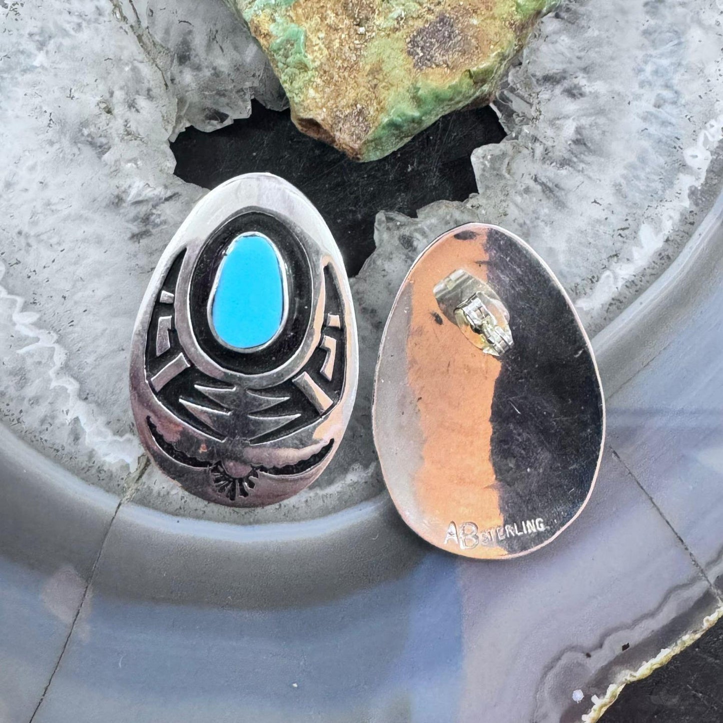 Abraham Begay Native American Sterling Silver Turquoise Overlay Post Earrings For Women