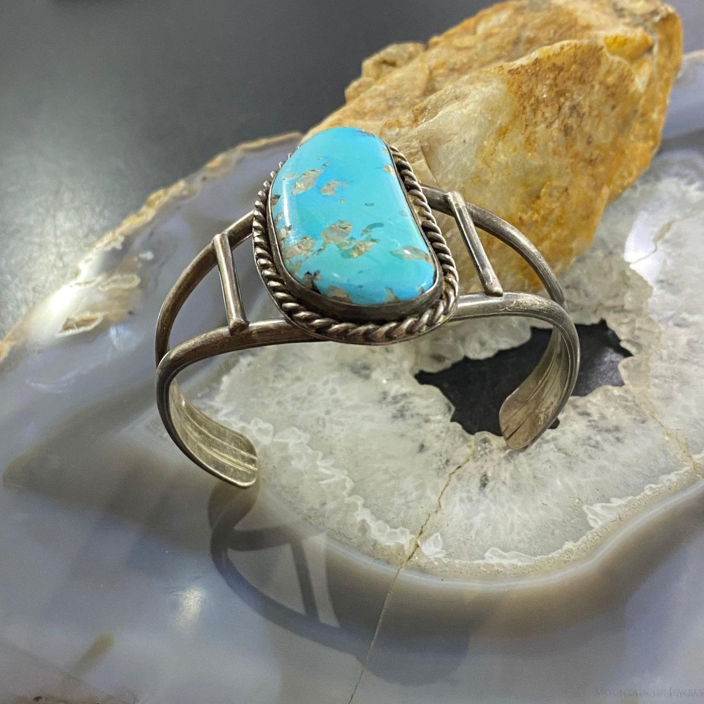 Vintage Native American Silver Large Kidney Shape Turquoise Bracelet For Women