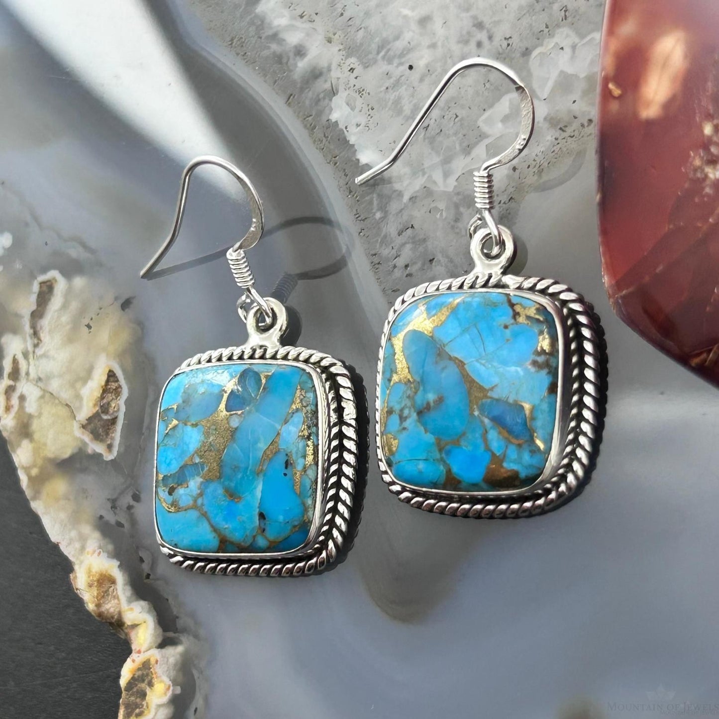 Sterling Silver Southwestern Style Blue Copper Turquoise Dangle Earrings For Women