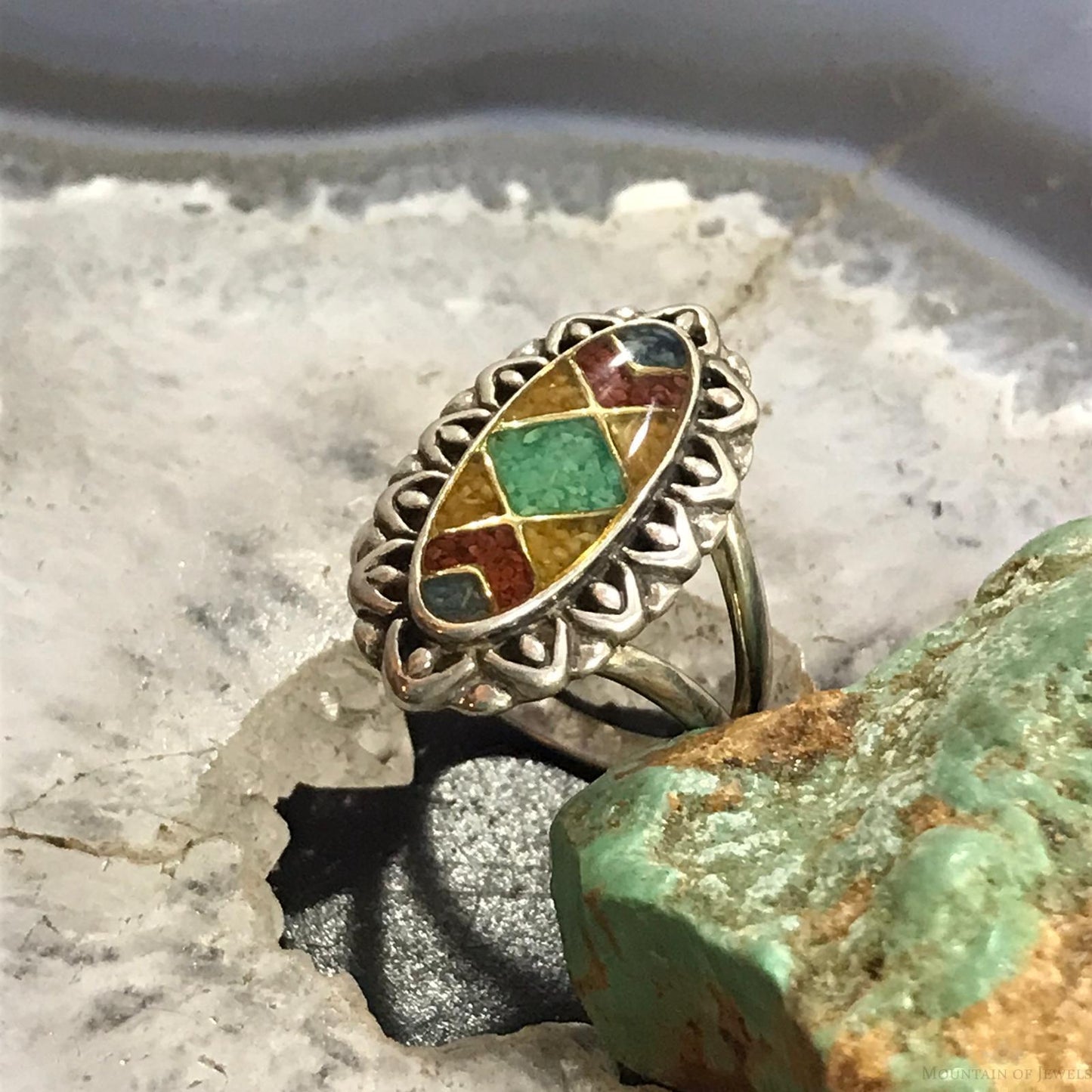 Carolyn Pollack Sterling Silver Elongated Oval Multistone Chip Inlay Ring Size 6 For Women